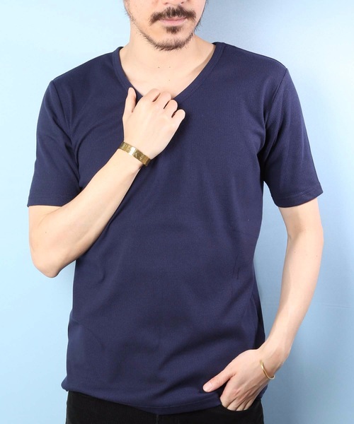 Blue Standard (ブルースタンダード)の「【BLUE STANDARD】細ピッチリブ仕様 ジャストサイズフィッティング 無地 ベーシックデザイン リブVネックTシャツカットソー(Tシャツ/カットソー・メンズ・ホワイト/ブラック/ネイビー/杢グレー・MEDIUM/LARGE/X-LARGE)」の10枚目の写真