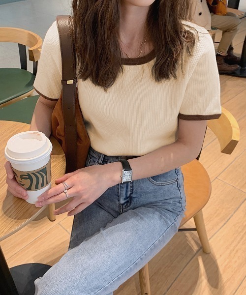 ABITOKYO（アビトーキョー）の「配色リブクルーネックカットTシャツ（Tシャツ/カットソー・レディース・ホワイト/ベージュ/ピンク/グリーン/ダークグリーン/ネイビー/ブルー/オレンジ/グレイッシュベージュ/グレー/ブルーグリーン/ブラック・FREE）」の6枚目の写真