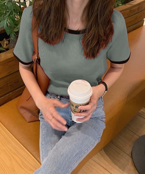 ABITOKYO（アビトーキョー）の「配色リブクルーネックカットTシャツ（Tシャツ/カットソー・レディース・ホワイト/ベージュ/ピンク/グリーン/ダークグリーン/ネイビー/ブルー/オレンジ/グレイッシュベージュ/グレー/ブルーグリーン/ブラック・FREE）」の11枚目の写真