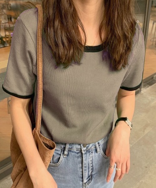 ABITOKYO（アビトーキョー）の「配色リブクルーネックカットTシャツ（Tシャツ/カットソー・レディース・ホワイト/ベージュ/ピンク/グリーン/ダークグリーン/ネイビー/ブルー/オレンジ/グレイッシュベージュ/グレー/ブルーグリーン/ブラック・FREE）」の7枚目の写真