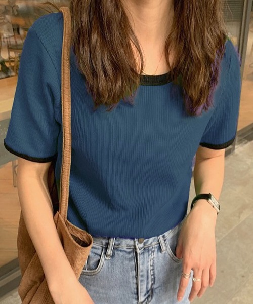 ABITOKYO（アビトーキョー）の「配色リブクルーネックカットTシャツ（Tシャツ/カットソー・レディース・ホワイト/ベージュ/ピンク/グリーン/ダークグリーン/ネイビー/ブルー/オレンジ/グレイッシュベージュ/グレー/ブルーグリーン/ブラック・FREE）」の10枚目の写真