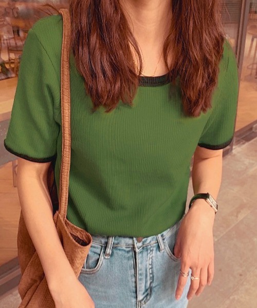 ABITOKYO（アビトーキョー）の「配色リブクルーネックカットTシャツ（Tシャツ/カットソー・レディース・ホワイト/ベージュ/ピンク/グリーン/ダークグリーン/ネイビー/ブルー/オレンジ/グレイッシュベージュ/グレー/ブルーグリーン/ブラック・FREE）」の8枚目の写真