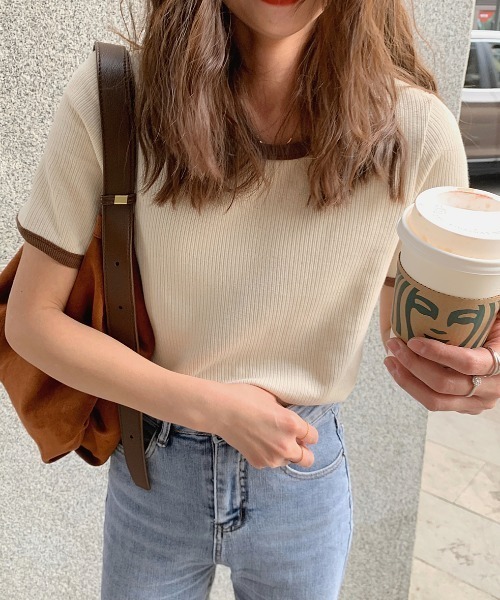 ABITOKYO（アビトーキョー）の「配色リブクルーネックカットTシャツ（Tシャツ/カットソー・レディース・ホワイト/ベージュ/ピンク/グリーン/ダークグリーン/ネイビー/ブルー/オレンジ/グレイッシュベージュ/グレー/ブルーグリーン/ブラック・FREE）」の13枚目の写真