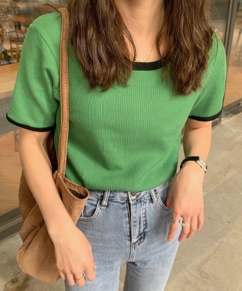 ABITOKYO（アビトーキョー）の「配色リブクルーネックカットTシャツ（Tシャツ/カットソー・レディース・ホワイト/ベージュ/ピンク/グリーン/ダークグリーン/ネイビー/ブルー/オレンジ/グレイッシュベージュ/グレー/ブルーグリーン/ブラック・FREE）」の19枚目の写真