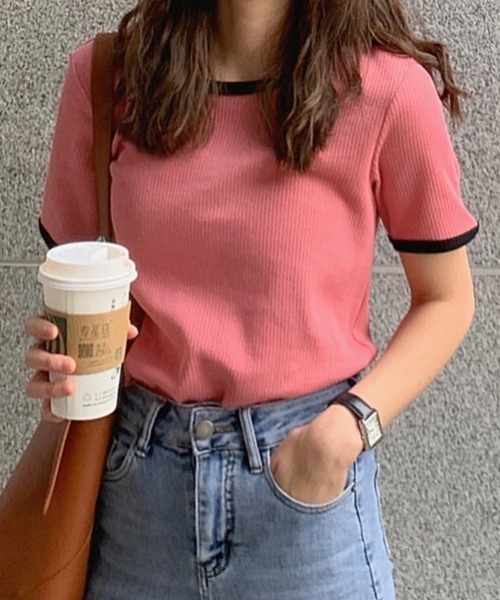 ABITOKYO（アビトーキョー）の「配色リブクルーネックカットTシャツ（Tシャツ/カットソー・レディース・ホワイト/ベージュ/ピンク/グリーン/ダークグリーン/ネイビー/ブルー/オレンジ/グレイッシュベージュ/グレー/ブルーグリーン/ブラック・FREE）」の21枚目の写真