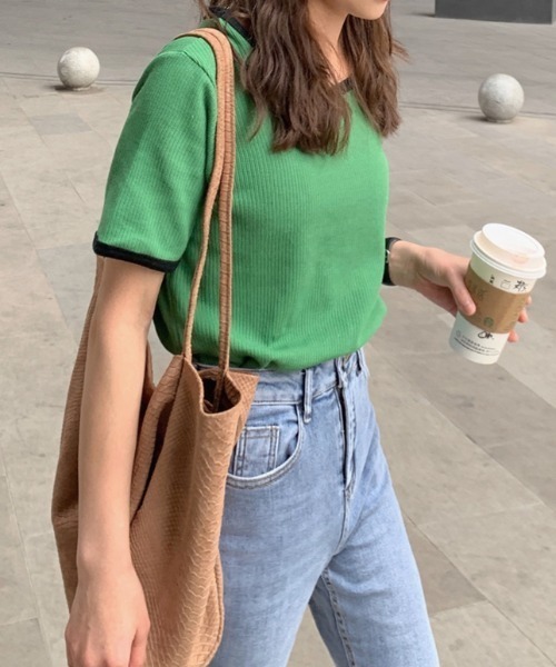 ABITOKYO（アビトーキョー）の「配色リブクルーネックカットTシャツ（Tシャツ/カットソー・レディース・ホワイト/ベージュ/ピンク/グリーン/ダークグリーン/ネイビー/ブルー/オレンジ/グレイッシュベージュ/グレー/ブルーグリーン/ブラック・FREE）」の22枚目の写真