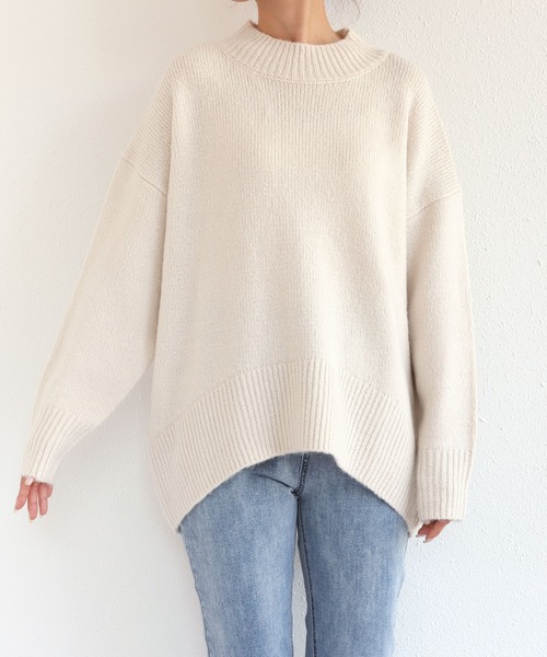andme(アンドミー)の「天竺編み長袖バックスリットニットトップス(ニット/セーター・レディース・ブラック/アイボリー/グレー系その他/ベージュ系その他/ミント/サーモンピンク/ブルー・M)」の8枚目の写真