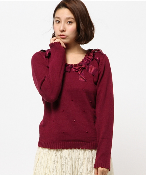 axes femme（アクシーズファム）の「リボンデザインニットプルオーバー（ニット/セーター・レディース・ワイン/ベージュ/ネイビー/ブラック・MEDIUM）」の4枚目の写真