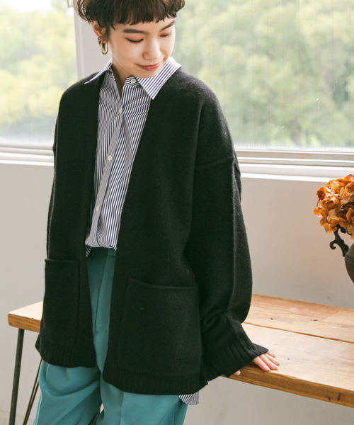 美品✨メゾンドソイル アルパカ混 ブークレ ポンチョ カーディガン 黒 ゆったり セール】ショート丈ワイドVネックカーディガン（カーディガン/ボレロ