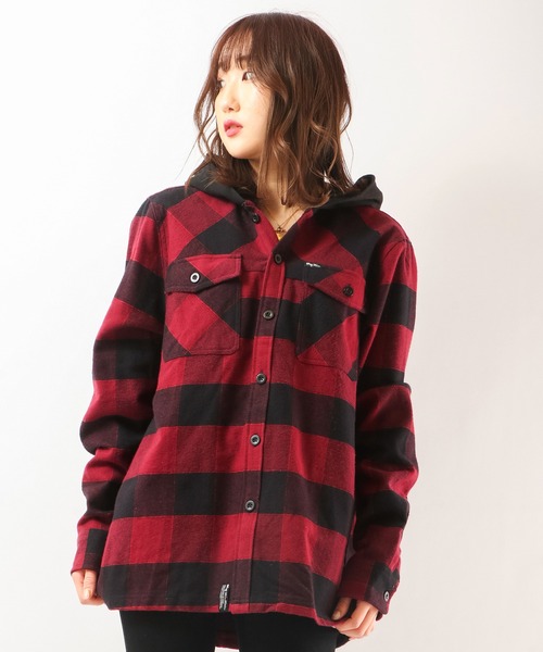 LRG（エルアールジー）の「LRG フード付き長袖チェックシャツ（シャツ/ブラウス・メンズ・オリーブ/バーガンディー・2XL/XL/M/L）」の2枚目の写真