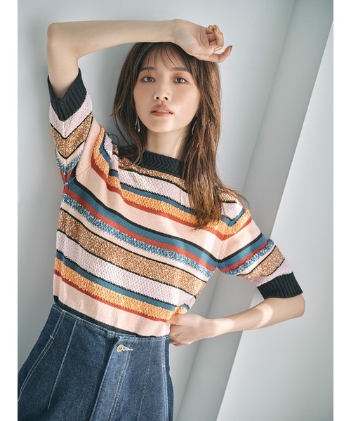 LILY BROWN（リリーブラウン）の「ボーダーニットトップス（ニット/セーター・レディース・グリーン/ブラック/ピンク・FREE）」の5枚目の写真