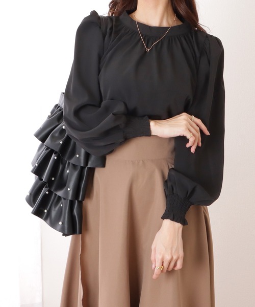 ハイネック バルーンスリーブ トップス Lace Ladies ハイネック バルーンスリーブ ブラウス ギャザー