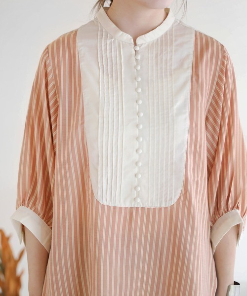 Bab(バブ)の「異素材切替ストライプブラウス(シャツ/ブラウス・レディース・ピンク/ライトブルー/オレンジ/グリーン・M)」の20枚目の写真