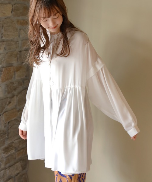 Bou Jeloud（ブージュルード）の「タックスリーブギャザーチュニック（シャツ/ブラウス・レディース・ネイビー/オフホワイト/グリーン・38）」の2枚目の写真