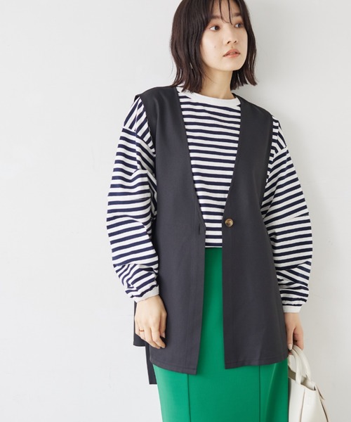 Green　Parks（グリーンパークス）の「サイドベルトベスト（ベスト・レディース・ベージュ/ブラック・FREE）」の2枚目の写真