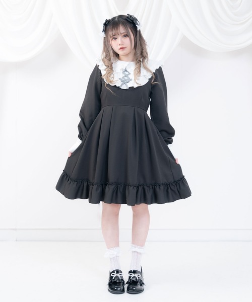 GIANA ジアナ レース フリルミディワンピース ブラック 令嬢 気品 S GIANA ジアナ レース フリルミディワンピース ブラック 令嬢