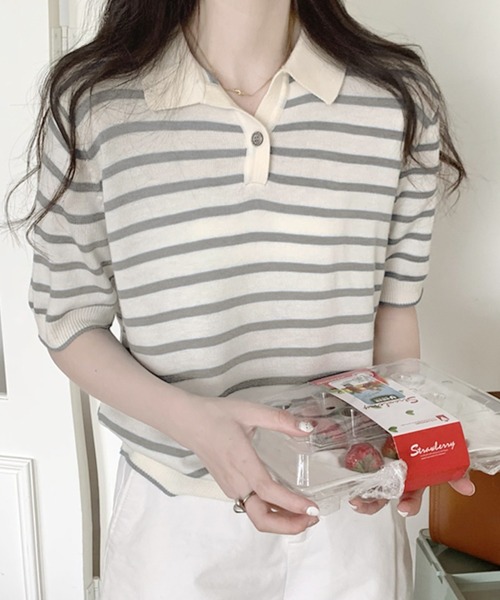 Girly Doll(ガーリードール)の「ボーダーポロシャツ(Tシャツ/カットソー・レディース・ブラック/ベージュ/グリーン/ブルー/ボルドー/グレー/ピンク・FREE)」の3枚目の写真