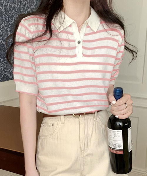 Girly Doll(ガーリードール)の「ボーダーポロシャツ(Tシャツ/カットソー・レディース・ブラック/ベージュ/グリーン/ブルー/ボルドー/グレー/ピンク・FREE)」の6枚目の写真