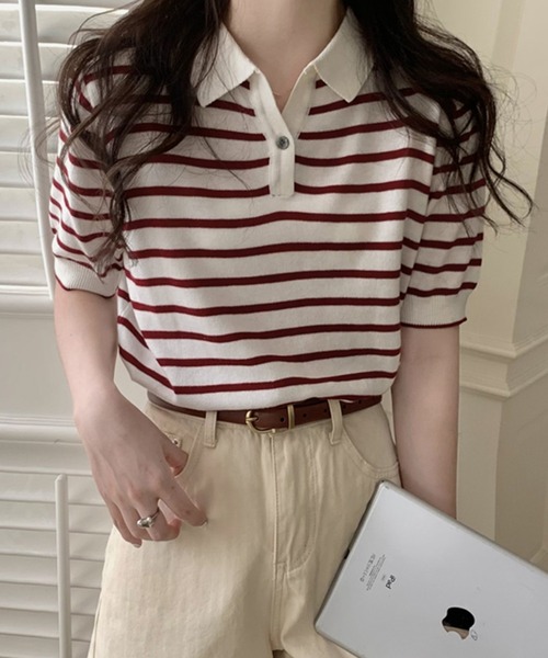 Girly Doll(ガーリードール)の「ボーダーポロシャツ(Tシャツ/カットソー・レディース・ブラック/ベージュ/グリーン/ブルー/ボルドー/グレー/ピンク・FREE)」の7枚目の写真