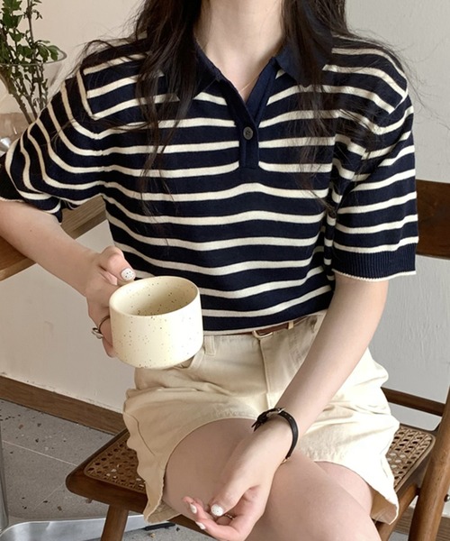 Girly Doll(ガーリードール)の「ボーダーポロシャツ(Tシャツ/カットソー・レディース・ブラック/ベージュ/グリーン/ブルー/ボルドー/グレー/ピンク・FREE)」の11枚目の写真
