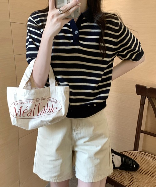 Girly Doll(ガーリードール)の「ボーダーポロシャツ(Tシャツ/カットソー・レディース・ブラック/ベージュ/グリーン/ブルー/ボルドー/グレー/ピンク・FREE)」の12枚目の写真