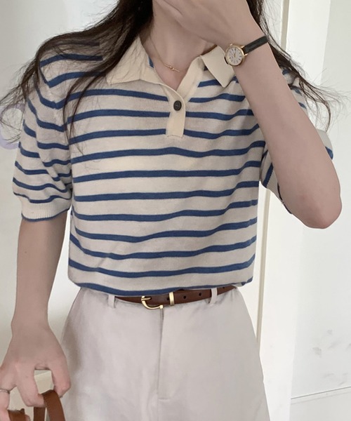 Girly Doll(ガーリードール)の「ボーダーポロシャツ(Tシャツ/カットソー・レディース・ブラック/ベージュ/グリーン/ブルー/ボルドー/グレー/ピンク・FREE)」の13枚目の写真