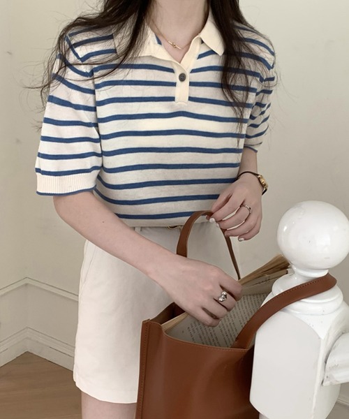 Girly Doll(ガーリードール)の「ボーダーポロシャツ(Tシャツ/カットソー・レディース・ブラック/ベージュ/グリーン/ブルー/ボルドー/グレー/ピンク・FREE)」の15枚目の写真