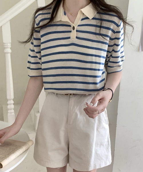 Girly Doll(ガーリードール)の「ボーダーポロシャツ(Tシャツ/カットソー・レディース・ブラック/ベージュ/グリーン/ブルー/ボルドー/グレー/ピンク・FREE)」の16枚目の写真