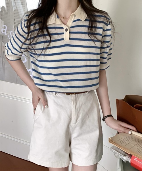 Girly Doll(ガーリードール)の「ボーダーポロシャツ(Tシャツ/カットソー・レディース・ブラック/ベージュ/グリーン/ブルー/ボルドー/グレー/ピンク・FREE)」の17枚目の写真