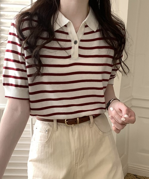 Girly Doll(ガーリードール)の「ボーダーポロシャツ(Tシャツ/カットソー・レディース・ブラック/ベージュ/グリーン/ブルー/ボルドー/グレー/ピンク・FREE)」の18枚目の写真