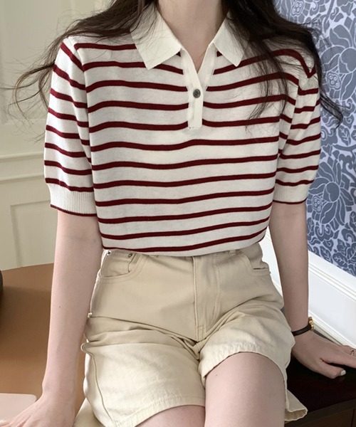 Girly Doll(ガーリードール)の「ボーダーポロシャツ(Tシャツ/カットソー・レディース・ブラック/ベージュ/グリーン/ブルー/ボルドー/グレー/ピンク・FREE)」の19枚目の写真