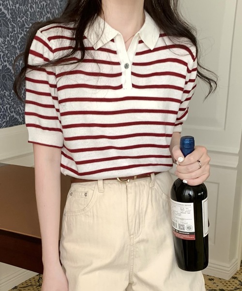 Girly Doll(ガーリードール)の「ボーダーポロシャツ(Tシャツ/カットソー・レディース・ブラック/ベージュ/グリーン/ブルー/ボルドー/グレー/ピンク・FREE)」の21枚目の写真
