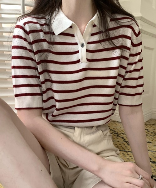 Girly Doll(ガーリードール)の「ボーダーポロシャツ(Tシャツ/カットソー・レディース・ブラック/ベージュ/グリーン/ブルー/ボルドー/グレー/ピンク・FREE)」の22枚目の写真