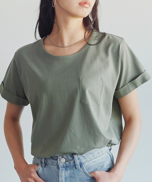 Fizz（フィズ）の「【Fizz/フィズ】　綿100%　ラウンドヘム胸ポケット付きTシャツ（Tシャツ/カットソー・レディース・アイボリー/グレイッシュベージュ/ブルー/マスタード/ブラック/モカ/ライトカーキ/ホワイト/ベージュ・M）」の15枚目の写真