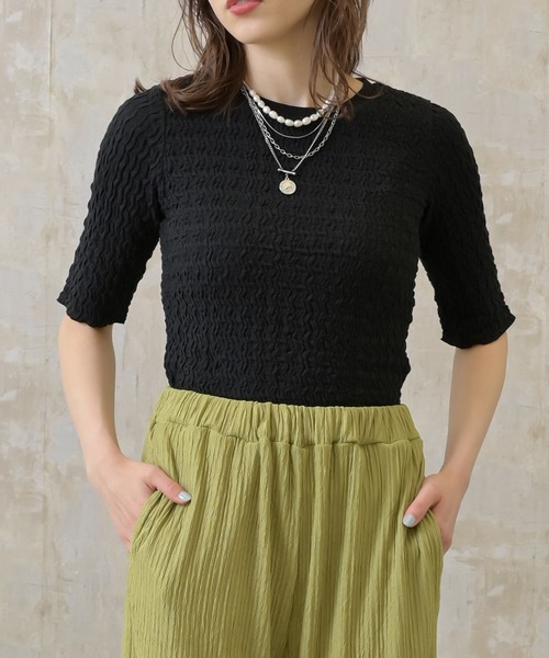 Lull(ルル)の「【Lull / ルル】ぽこぽこショートトップス(Tシャツ/カットソー・レディース・ブラック/イエロー/ホワイト・ONESIZE)」の9枚目の写真
