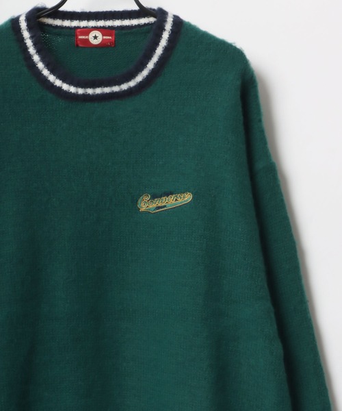 CONVERSE(コンバース)の「CONVERSE/コンバース オーバーサイズ モヘアタッチ シャギーニットプルオーバー/リブライン/カレッジロゴ/マルチボーダー(ニット/セーター・レディース・ブラック/ダークグリーン/オフホワイト/グレー系その他/グリーン系その他/ワイン・LL/M/L)」の1枚目の写真