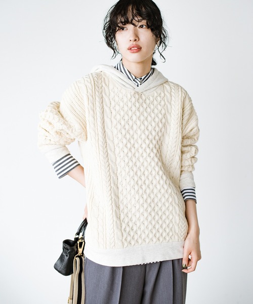 haco!(ハコ)の「かわいげもかっこよさも!スウェットとニットのいいとこどりケーブルニットパーカー YEAH RIGHT!! for haco!(パーカー・レディース・アイボリー・1/2)」の11枚目の写真