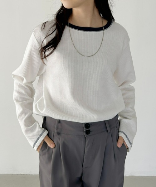 CLEA(クレア)の「配色カラーステッチワッフルオーバーカットソー(Tシャツ/カットソー・レディース・アイボリー/ブラック/ホワイト/カーキ・FREE)」の2枚目の写真