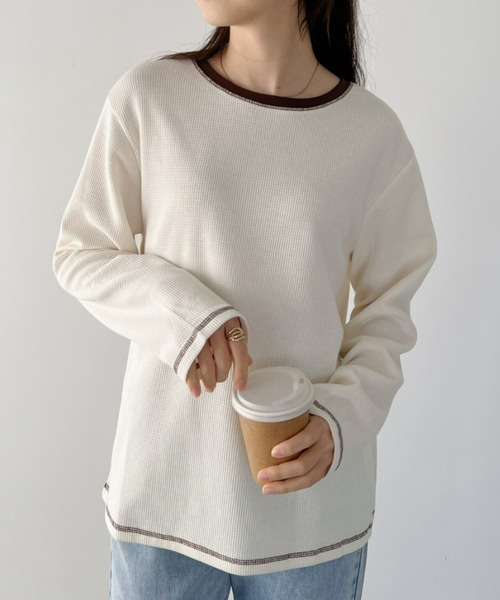 CLEA(クレア)の「配色カラーステッチワッフルオーバーカットソー(Tシャツ/カットソー・レディース・アイボリー/ブラック/ホワイト/カーキ・FREE)」の1枚目の写真