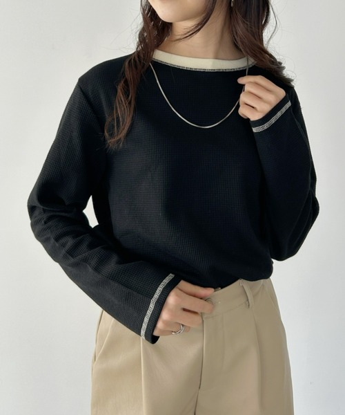 CLEA(クレア)の「配色カラーステッチワッフルオーバーカットソー(Tシャツ/カットソー・レディース・アイボリー/ブラック/ホワイト/カーキ・FREE)」の3枚目の写真