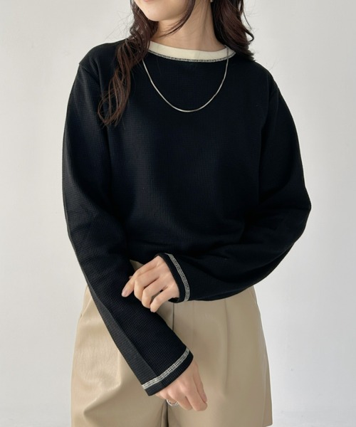CLEA(クレア)の「配色カラーステッチワッフルオーバーカットソー(Tシャツ/カットソー・レディース・アイボリー/ブラック/ホワイト/カーキ・FREE)」の19枚目の写真