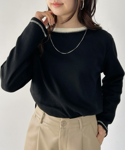 CLEA(クレア)の「配色カラーステッチワッフルオーバーカットソー(Tシャツ/カットソー・レディース・アイボリー/ブラック/ホワイト/カーキ・FREE)」の20枚目の写真