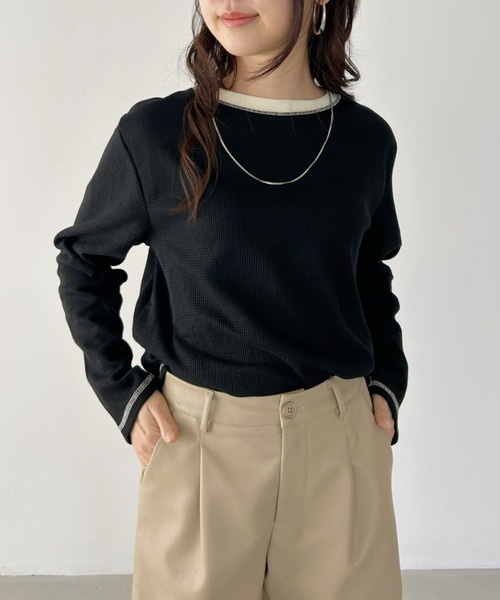CLEA(クレア)の「配色カラーステッチワッフルオーバーカットソー(Tシャツ/カットソー・レディース・アイボリー/ブラック/ホワイト/カーキ・FREE)」の18枚目の写真