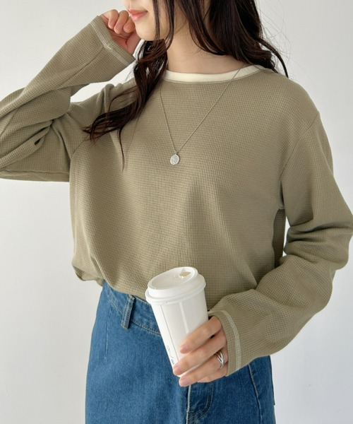 CLEA(クレア)の「配色カラーステッチワッフルオーバーカットソー(Tシャツ/カットソー・レディース・アイボリー/ブラック/ホワイト/カーキ・FREE)」の11枚目の写真