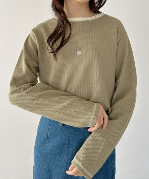 CLEA(クレア)の「配色カラーステッチワッフルオーバーカットソー(Tシャツ/カットソー・レディース・アイボリー/ブラック/ホワイト/カーキ・FREE)」の12枚目の写真