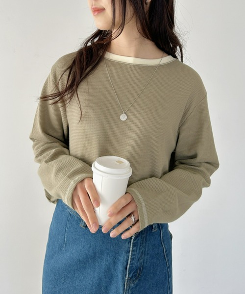 CLEA(クレア)の「配色カラーステッチワッフルオーバーカットソー(Tシャツ/カットソー・レディース・アイボリー/ブラック/ホワイト/カーキ・FREE)」の10枚目の写真
