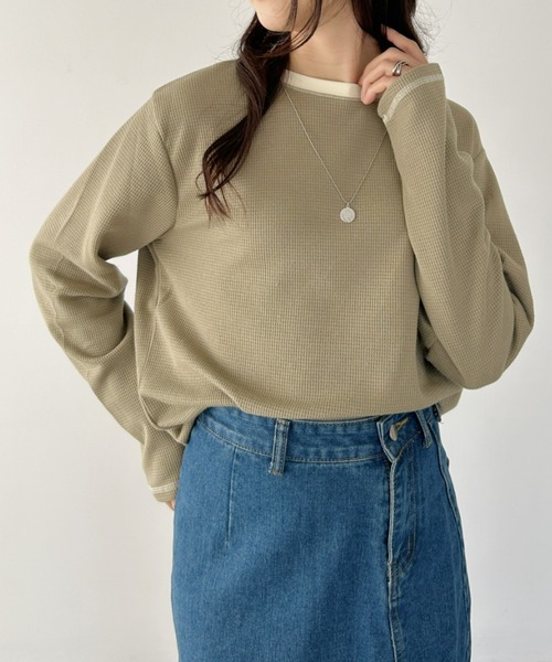 CLEA(クレア)の「配色カラーステッチワッフルオーバーカットソー(Tシャツ/カットソー・レディース・アイボリー/ブラック/ホワイト/カーキ・FREE)」の13枚目の写真