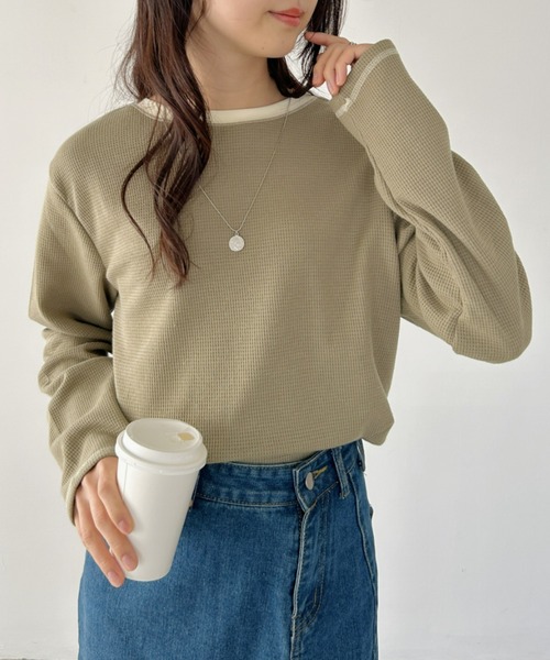 CLEA(クレア)の「配色カラーステッチワッフルオーバーカットソー(Tシャツ/カットソー・レディース・アイボリー/ブラック/ホワイト/カーキ・FREE)」の9枚目の写真