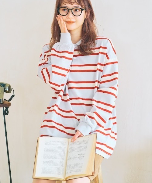 nemne store(ネンネストア)の「【低身長用サイズあり】ぽてとかっぷる かりん・ckarryコラボ/ワイドボーダーポロシャツ(ポロシャツ・レディース・ベージュ/グリーン/グレー・SMALL/MEDIUM)」の6枚目の写真