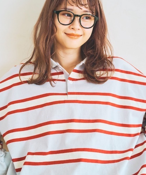 nemne store(ネンネストア)の「【低身長用サイズあり】ぽてとかっぷる かりん・ckarryコラボ/ワイドボーダーポロシャツ(ポロシャツ・レディース・ベージュ/グリーン/グレー・SMALL/MEDIUM)」の7枚目の写真